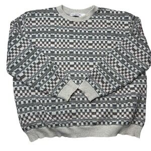 Boca Classics Mens XXL Grey Geometric Textured Knit Crewneck Sweater Made in USA